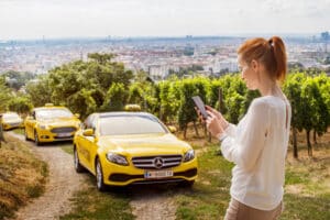 Person bestellt ein Taxi bei Taxi40100 auf einen Weingebirge mit Taxis im Hintergrund